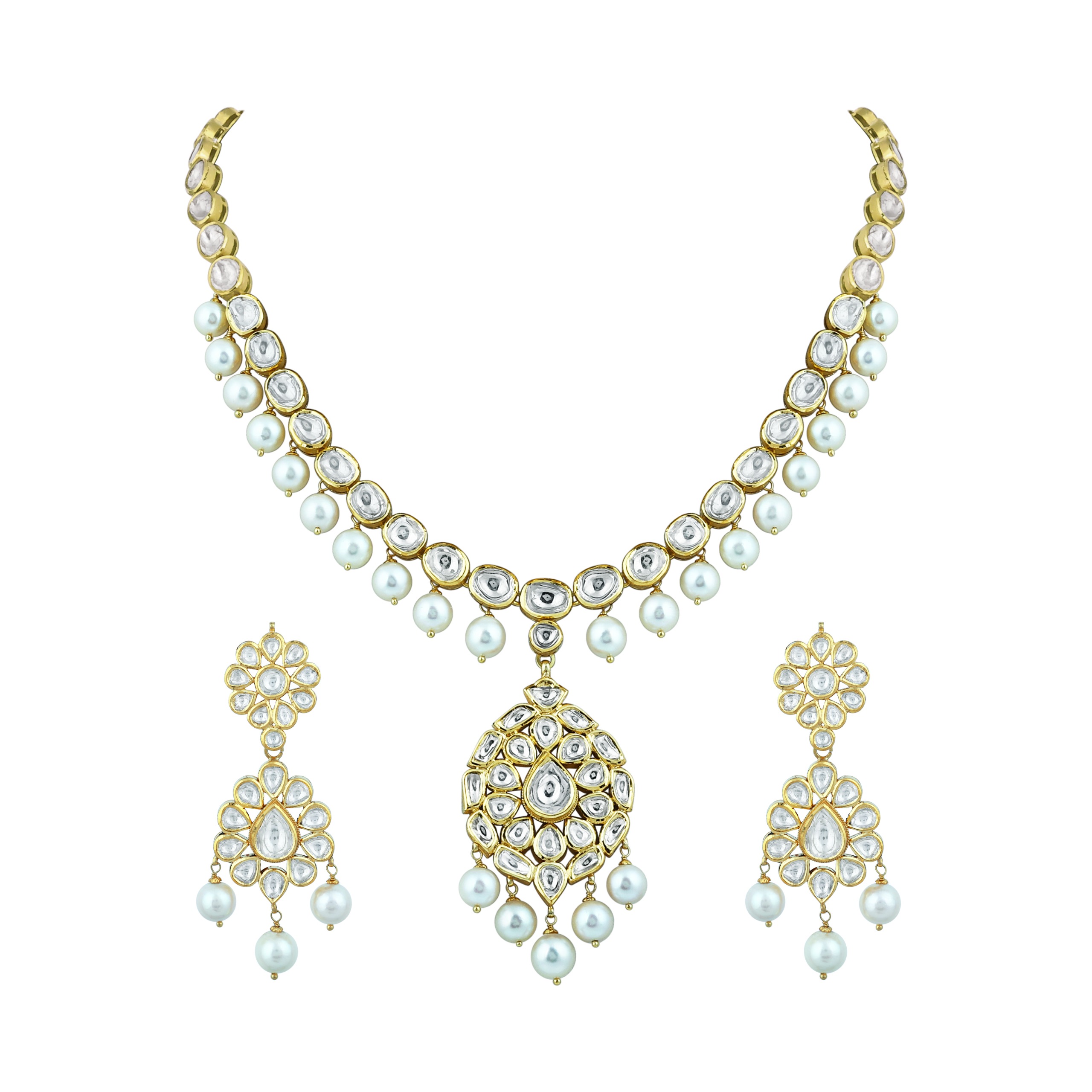 Linear Polki Necklace with Pendant and Pearl Drop